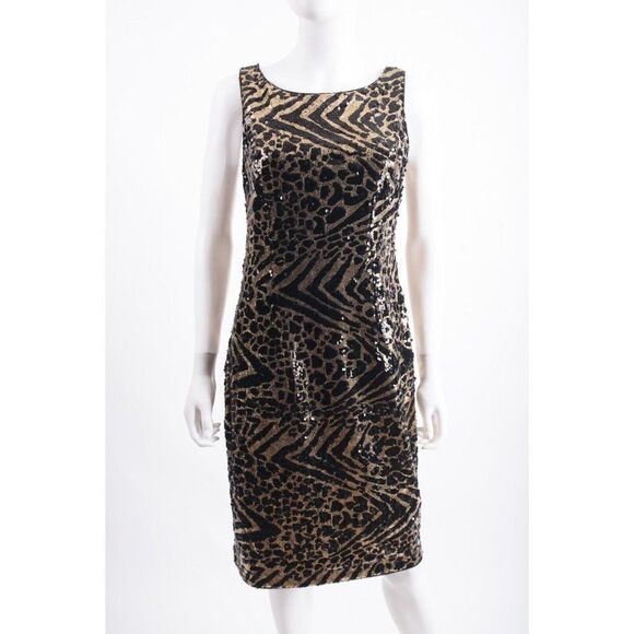 Frank Lyman Sequin Evening Dress Size 12 Black Gold Sleeveless Animal Print NWT - Picture 1 of 6